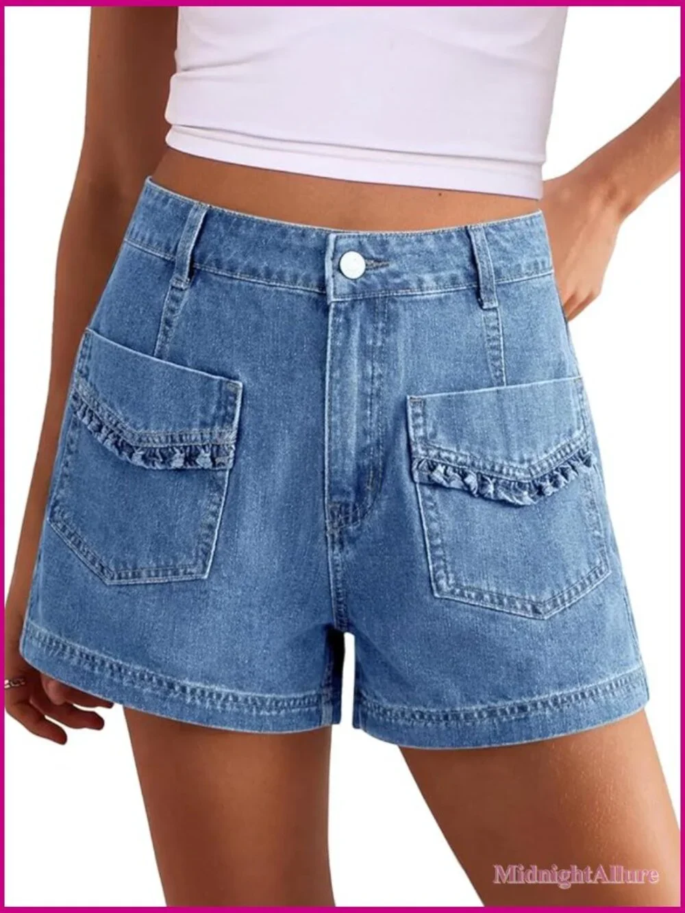 High Waisted Baggy Wide Leg Denim Jean Shorts with Ruffle Front Pockets